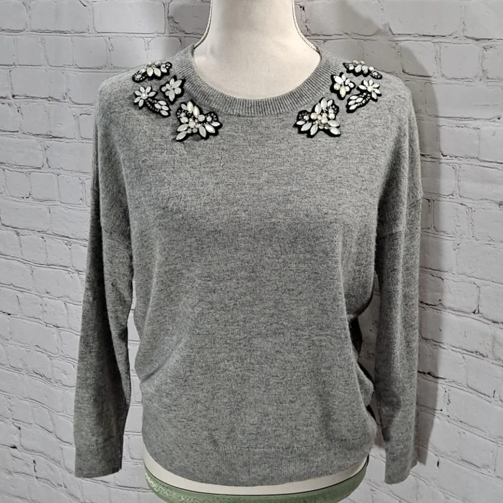 J. Crew Grey Wool Opal-Embellished Sweater